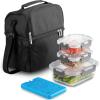 imageFineDine Lunch Bag with Glass Containers  Insulated Lunch Box for Women and Men  Leakproof Locking Lids ampamp Ice Pack  2Compartment Cooler Tote for Work Black