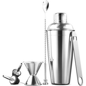 imageExpert Cocktail Shaker Home Bar Set  14 Piece Stainless Steel Bar Tools Kit with Shaking Tins Flat Bottle Opener Double Bar Jigger Hawthorne Strainer Shot Glasses Bar Spoon and 6 Pour Spouts7Piece