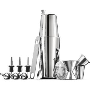 imageExpert Cocktail Shaker Home Bar Set  14 Piece Stainless Steel Bar Tools Kit with Shaking Tins Flat Bottle Opener Double Bar Jigger Hawthorne Strainer Shot Glasses Bar Spoon and 6 Pour Spouts14 Piece