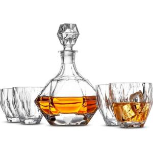 imageFineDine 5Piece European Style Whiskey Decanter ampamp Glass Set  With Magnetic Gift Box  Exquisite Diamond Design Liquor Decanter ampamp 4 Whiskey Glasses  Perfect Set for Scotch Alcohol Bourbon