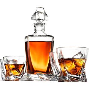 imageFineDine 5Piece EuropeanStyle Whiskey Decanter ampamp Glass Set  With Magnetic Gift Box  Exquisite Quadro Design Liquor Decanter ampamp 4 Whiskey Glasses  Perfect Set for Scotch Alcohol Bourbon5 Piece Set