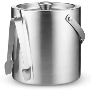 imageFineDine DoubleWall Stainless Steel Insulated Ice Bucket with Lid ampamp Ice Tong 3 Liter Included Strainer Keeps Ice Cold ampamp Dry Carry Leather Handle Home Bar Chilling Beer Champagne Wine BottleStainless Steel