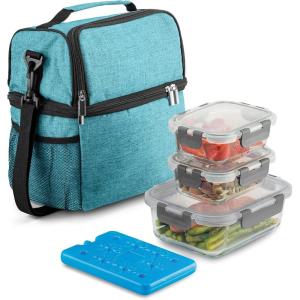 imageFineDine Lunch Bag with Glass Containers  Insulated Lunch Box for Women and Men  Leakproof Locking Lids ampamp Ice Pack  2Compartment Cooler Tote for Work Summer Sky