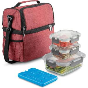 imageFineDine Lunch Bag with Glass Containers  Insulated Lunch Box for Women and Men  Leakproof Locking Lids ampamp Ice Pack  2Compartment Cooler Tote for Work Vermilion