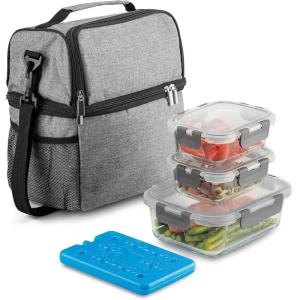 imageFineDine Lunch Bag with Glass Containers  Insulated Lunch Box for Women and Men  Leakproof Locking Lids ampamp Ice Pack  2Compartment Cooler Tote for Work Grey