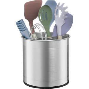 imageFineDine Rotating Kitchen Utensil Holder for Kitchen Counter  With Weighted Base for Stability Stainless Steel Cooking Utensil Holder with Removable Divider Brushed Stainless SteelBrushed Stainless Steel