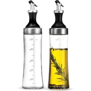 imageFineDine Superior Glass Oil and Vinegar Dispenser Modern Olive Oil Dispenser Wide Opening for Easy Refill and Cleaning Clear Glass Oil Bottle Pouring Spouts 18 Oz Cruet Set Set of 2Set of 2