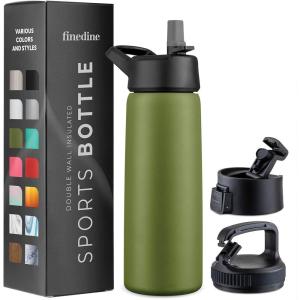 imageFineDine Water Bottle  Stainless Steel Insulated Water Bottle with Straw Lid Flip Lid ampamp WideMouth Cap  Keeps Hot and Cold  25 Oz  739ml  Army GreenArmy Green