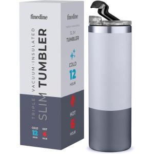 imageFineDine Insulated Skinny StainlessSteel Tumbler  18oz Tumbler with FlipTop Lid  Travel Coffee Mug 100 Leakproof Lids  Slim VacuumTumblers Keep Hot ampamp Cold  Home Office Pearly WhiteGray