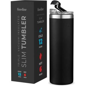 imageFineDine Insulated Skinny StainlessSteel Tumbler  18oz Tumbler with FlipTop Lid  Travel Coffee Mug 100 Leakproof Lids  Slim VacuumTumblers Keep Hot ampamp Cold  Home Office Inky Raven Black