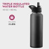 imageFineDine Triple Walled Insulated Water Bottles with Straw  25 Oz Stainless Steel Metal Bottle W 3 Leak Proof Lids  For Travel School Sports GymMen Women ampamp Kids  Rustic Grained SiennaInky Raven Black