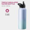imageFineDine Triple Walled Insulated Water Bottles with Straw  25 Oz Stainless Steel Metal Bottle W 3 Leak Proof Lids  For Travel School Sports GymMen Women ampamp Kids  Rustic Grained SiennaPowder Steel Blue Blend