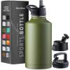 imageFineDine Triple Walled Insulated Water Bottles with Straw  25 Oz Stainless Steel Metal Bottle W 3 Leak Proof Lids  For Travel School Sports GymMen Women ampamp Kids  Rustic Grained SiennaArmy Green