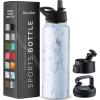 imageFineDine Triple Walled Insulated Water Bottles with Straw  25 Oz Stainless Steel Metal Bottle W 3 Leak Proof Lids  For Travel School Sports GymMen Women ampamp Kids  Rustic Grained SiennaFresh White Marble
