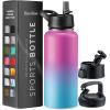 imageFineDine Triple Walled Insulated Water Bottles with Straw  25 Oz Stainless Steel Metal Bottle W 3 Leak Proof Lids  For Travel School Sports GymMen Women ampamp Kids  Rustic Grained SiennaPacific Blue Rose Blend