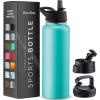 imageFineDine Triple Walled Insulated Water Bottles with Straw  25 Oz Stainless Steel Metal Bottle W 3 Leak Proof Lids  For Travel School Sports GymMen Women ampamp Kids  Rustic Grained SiennaCheery Turquoise