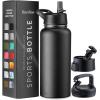 imageFineDine Triple Walled Insulated Water Bottles with Straw  25 Oz Stainless Steel Metal Bottle W 3 Leak Proof Lids  For Travel School Sports GymMen Women ampamp Kids  Rustic Grained SiennaInky Raven Black