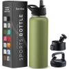 imageFineDine Triple Walled Insulated Water Bottles with Straw  25 Oz Stainless Steel Metal Bottle W 3 Leak Proof Lids  For Travel School Sports GymMen Women ampamp Kids  Rustic Grained SiennaArmy Green