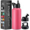 imageFineDine Triple Walled Insulated Water Bottles with Straw  25 Oz Stainless Steel Metal Bottle W 3 Leak Proof Lids  For Travel School Sports GymMen Women ampamp Kids  Rustic Grained SiennaStriking French Rose