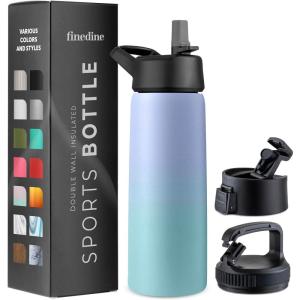 imageFineDine Triple Walled Insulated Water Bottles with Straw  25 Oz Stainless Steel Metal Bottle W 3 Leak Proof Lids  For Travel School Sports GymMen Women ampamp Kids  Rustic Grained SiennaPowder Steel Blue Blend