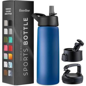 imageFineDine Triple Walled Insulated Water Bottles with Straw  25 Oz Stainless Steel Metal Bottle W 3 Leak Proof Lids  For Travel School Sports GymMen Women ampamp Kids  Rustic Grained SiennaMajestic Sapphire