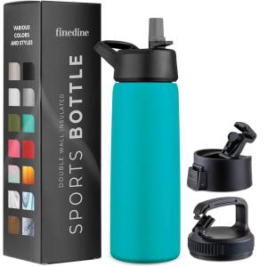 imageFineDine Triple Walled Insulated Water Bottles with Straw  25 Oz Stainless Steel Metal Bottle W 3 Leak Proof Lids  For Travel School Sports GymMen Women ampamp Kids  Rustic Grained SiennaCheery Turquoise