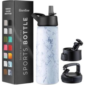 imageFineDine Triple Walled Insulated Water Bottles with Straw  25 Oz Stainless Steel Metal Bottle W 3 Leak Proof Lids  For Travel School Sports GymMen Women ampamp Kids  Rustic Grained SiennaFresh White Marble