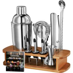 imageFineDine 10Piece Cocktail Shaker Set with Travel Bag  Stainless Steel Shaker Set Bartender Kit  Mixology Bartender Kit  Strainer Muddler Jigger Bar Spoon Bottle Opener Pour Spouts  Bar Set17Piece