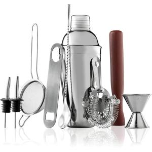 imageFineDine 10Piece Cocktail Shaker Set with Travel Bag  Stainless Steel Shaker Set Bartender Kit  Mixology Bartender Kit  Strainer Muddler Jigger Bar Spoon Bottle Opener Pour Spouts  Bar Set10Piece