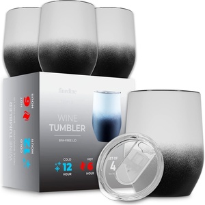 image:imageFineDine Triple Insulated Wine Tumbler With Lid 4 Pack 12oz Stainless Steel Set Tumblers Keep Drinks Hot amp Cold for Outdoors Beach Picnics Unbreakable Glasses With BPA Free Lids WhiteBlackWhiteBlack