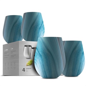 image:imageFineDine Triple Insulated Wine Tumbler With Lid 4 Pack 12oz Stainless Steel Set Tumblers Keep Drinks Hot amp Cold for Outdoors Beach Picnics Unbreakable Glasses With BPA Free Lids WhiteBlackExquisite Blue Marble