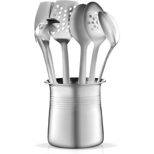image:imageFineDine Premium StainlessSteel Kitchen Utensil Set  7Piece Heat Resistant Gadgets  Cooking Set  Weighted Utensil Holder for Stability  Ladle Turner Spoon Pasta Server Utensil Caddy