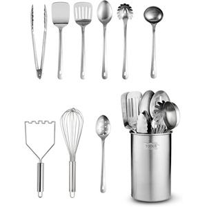 image:imageFineDine StainlessSteel Kitchen Utensil Set  10piece premium Nonstick amp Heat Resistant Gadgets Turner Spaghetti Server Ladle Serving Spoons Whisk Tongs Potato Masher amp Utensil Holder